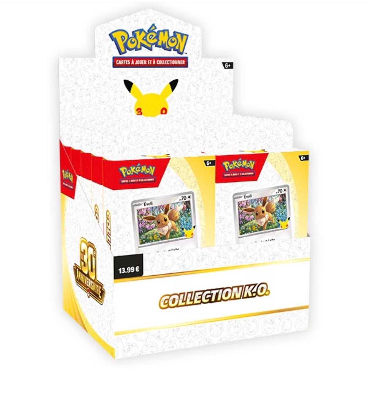 Présentoir Pokémon 30 ans, Collection K.O., packs français avec Évoli